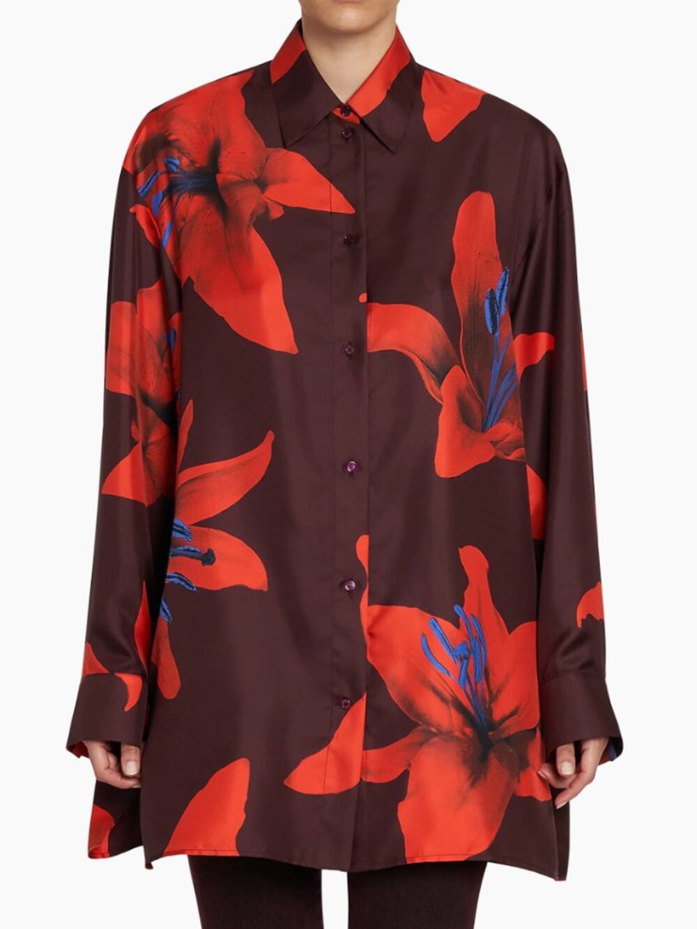 Alexander McQueen Flame Lily Silk Red/Black Button-Up Blouse - Women's Size 48